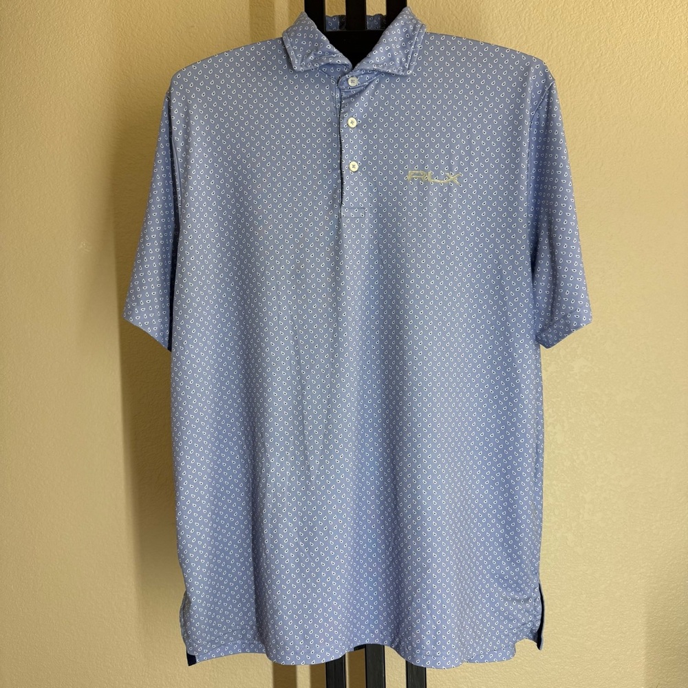 RLX Ralph Lauren Men’s Golf Polo L  Light Blue Paisley Print Performance Wicking